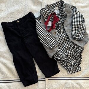 Black and White Checkered Formal Outfit with Red Bow Tie
